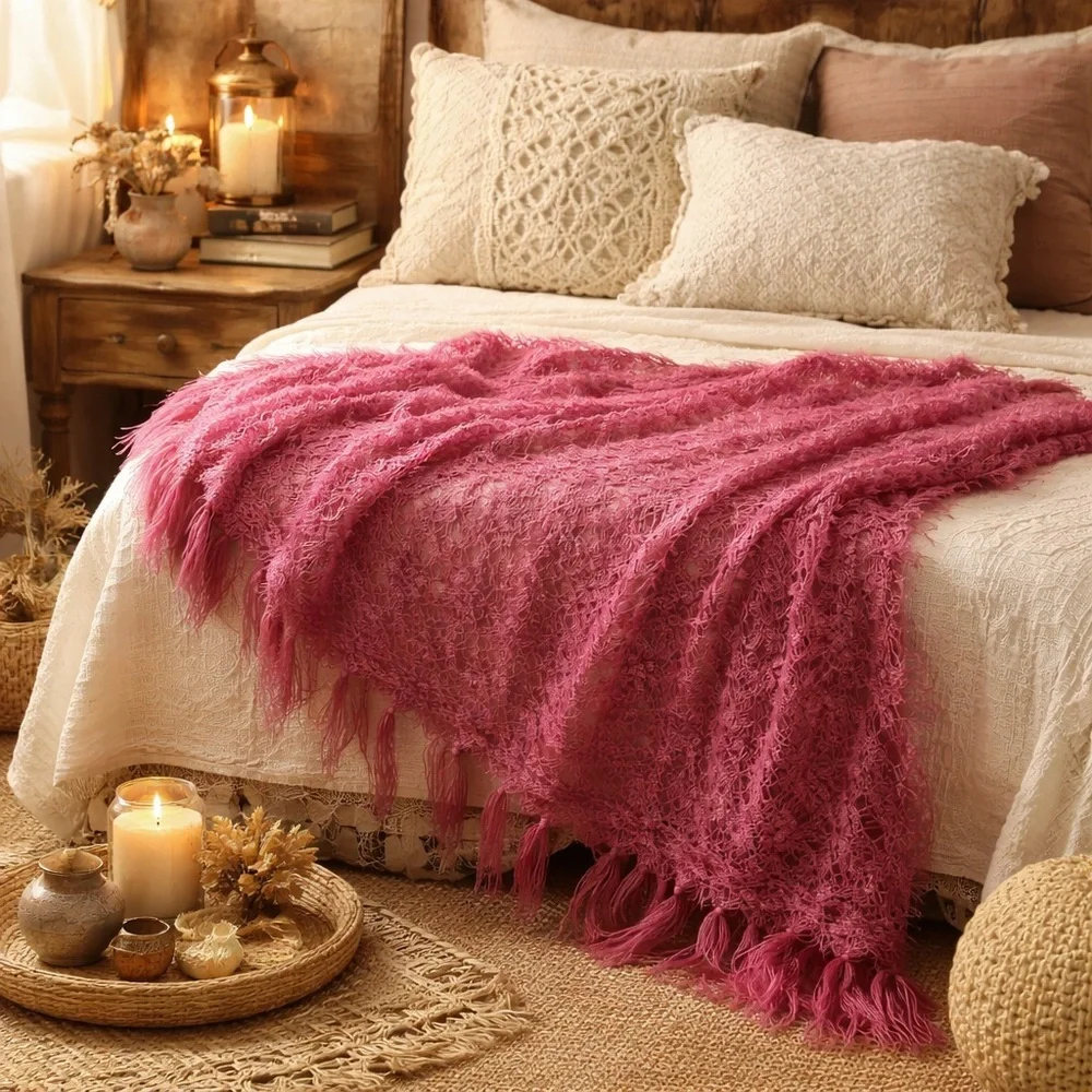 Vintage Mohair Lace Throw / Shawl – Raspberry Pink – Fringe Edges 60”x42”